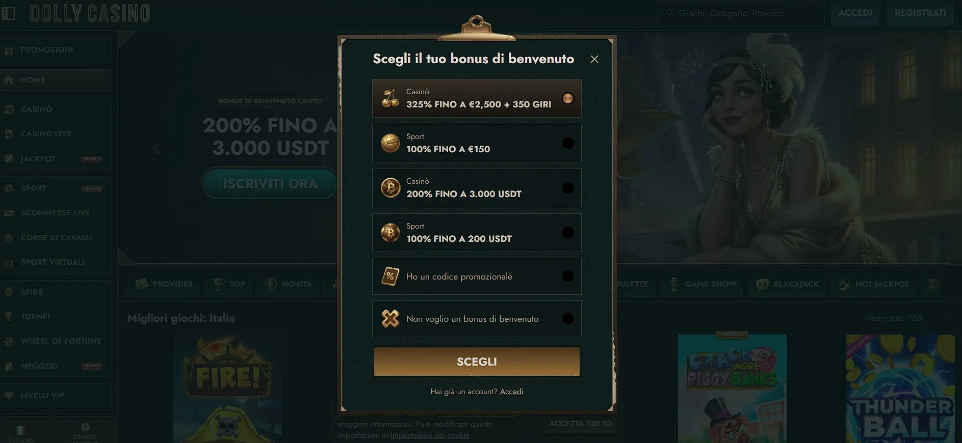Selezione del bonus di benvenuto su Dolly Casino Italia