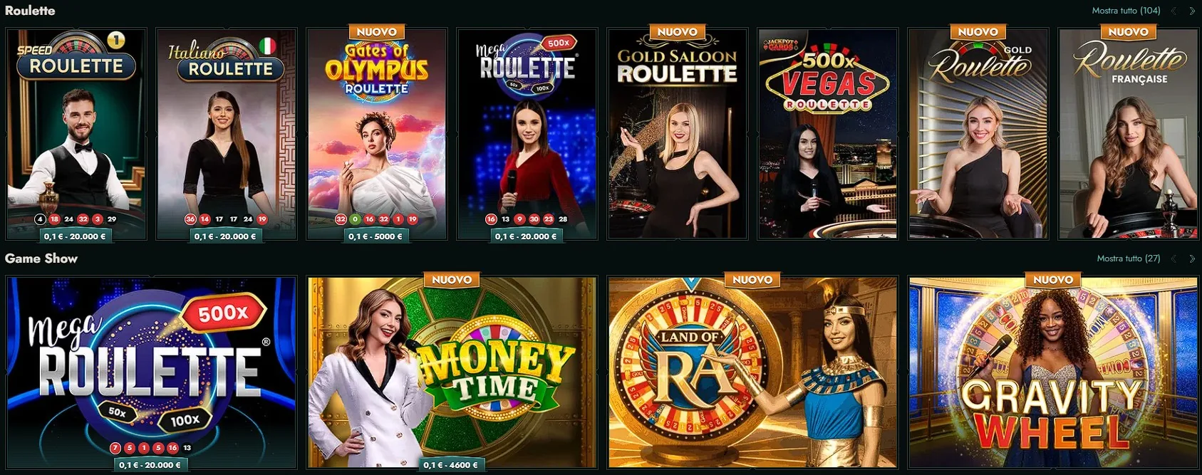 Giochi live e roulette del catalogo di Dolly Casino Italia